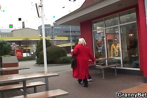 Huge granny swallows his horny cock
