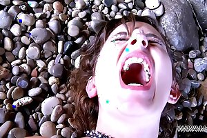 Myfirstpublic Mouth contents with cum on the beach